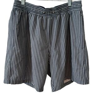 Fair Harbor Men's Grey and White Stripe Swim Trunks in Size L‎